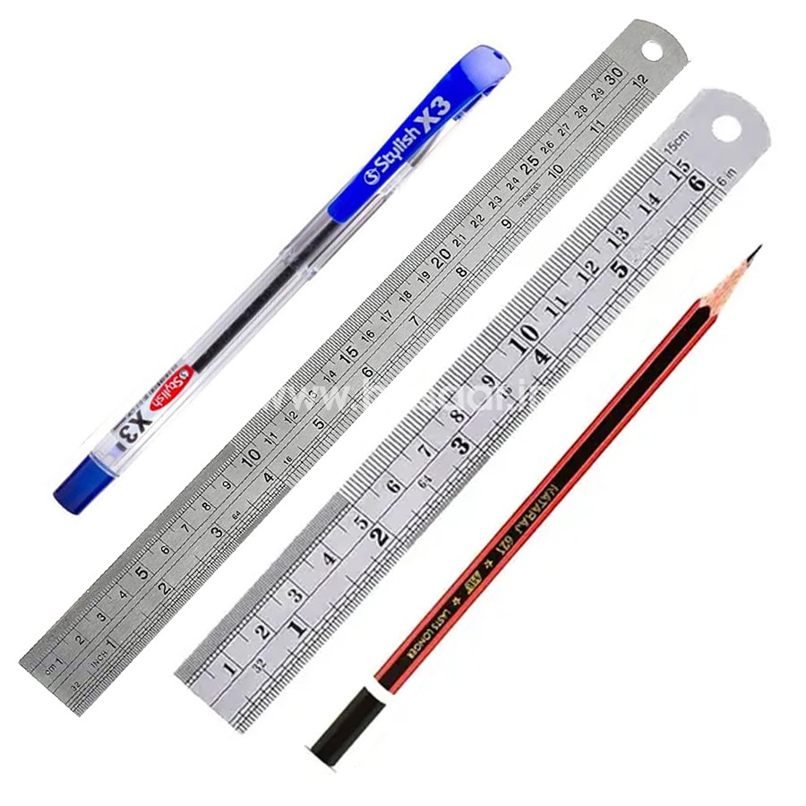 Stationery Combo for Office | Students | Schools and Home Usages, Stainless Steel Scale12inch, 6inch, Nataraj 621 Pencil, Stylish X3 Ball Pen Blue each One