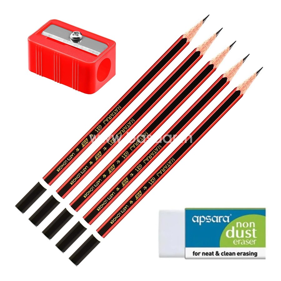 Stationery Combo for Office | Students | Schools and Home Usages, Nataraj 621 Pencils-Pack Of 5, 1 Eraser and 1 sharpener