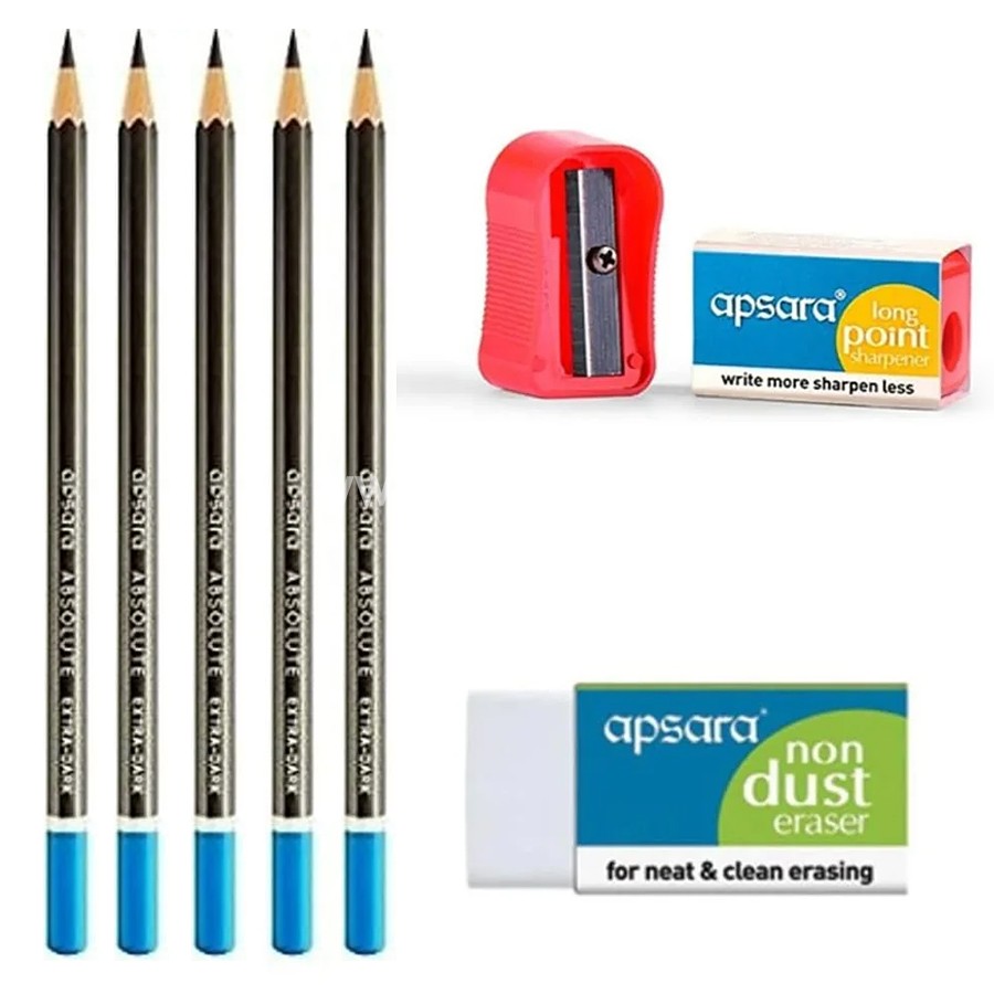 Stationery Combo for Office | Students | Schools and Home Usages, Apsara Platinum Pencils 5, 1 Eraser and 1 Sharpener