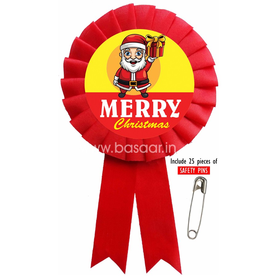 Happy Christmas | Merry Christmas, Ribbon Badges with Sticker Print Multi color Print Along with Safety Pin for Christmas Gift  (Diameter:105mm Hight:185mm) (Pack of 25)