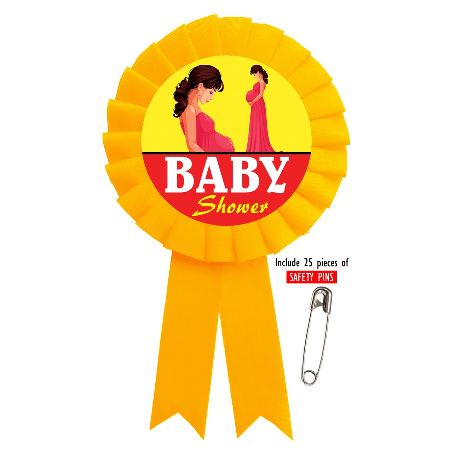 Baby Shower Ribbon Badges for Decoration Items, Ribbon Badges Sticker Print Multi Color Print Along with Safety Pin Design-1 (Diameter : 105 mm Hight : 185 mm) 