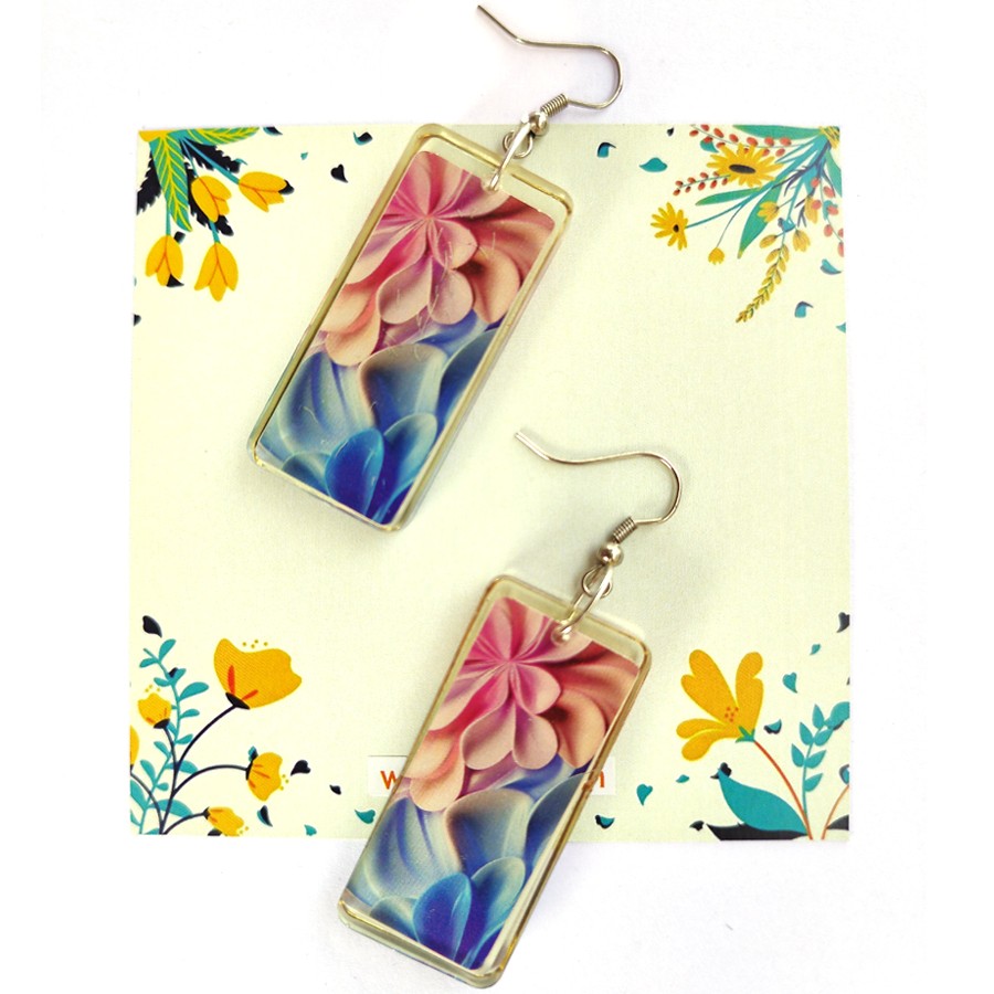 Floral Designed Handmade Resin Finished Rectangle Earrings for Casual outings | Work or office wear | Special Occasions | Anniversaries  and  Birthday party and more Occasions (4.5cmX2cm)