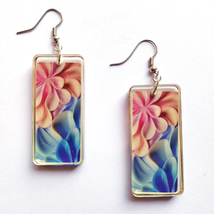 Floral Designed Handmade Resin Finished Rectangle Earrings for Casual outings | Work or office wear | Special Occasions | Anniversaries  and  Birthday party and more Occasions (4.5cmX2cm)