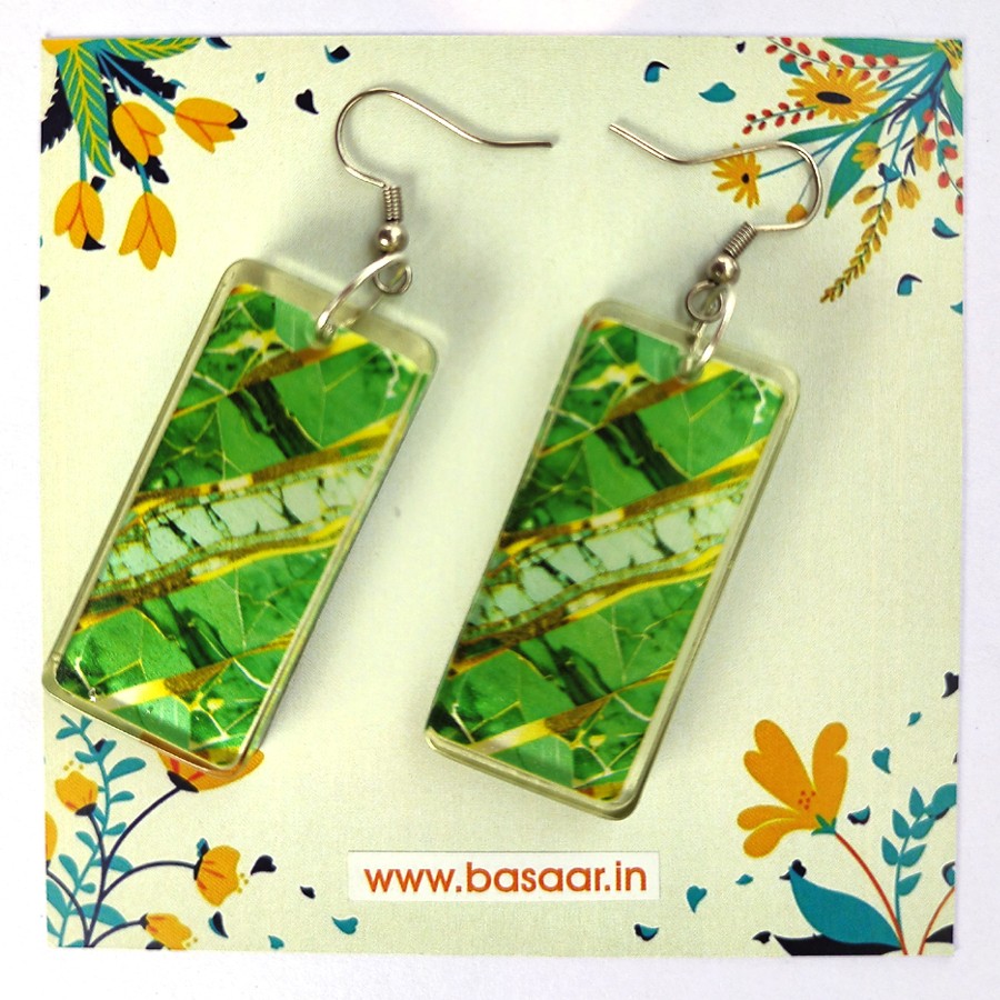 Graphic Design with Green and Golden Designed Handmade Resin Finished Rectangle Earrings for Casual outings | Work or office wear | Special Occasions | Anniversaries and Birthday party and more Occasions (4.5cmX2cm)