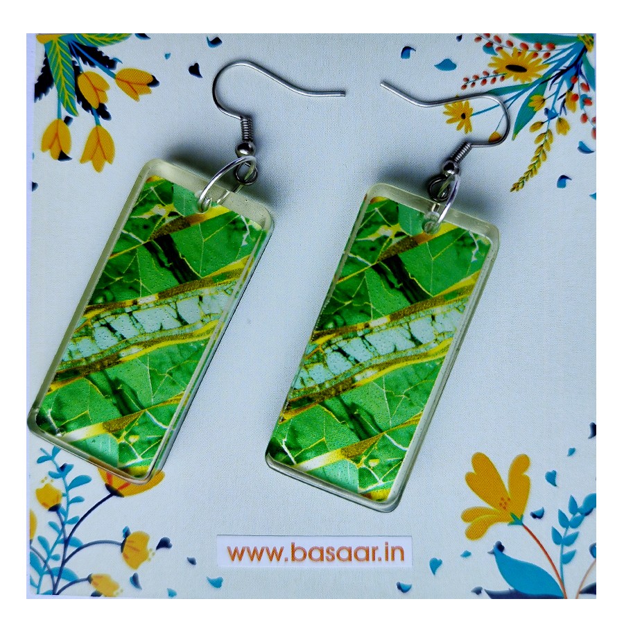 Graphic Design with Green and Golden Designed Handmade Resin Finished Rectangle Earrings for Casual outings | Work or office wear | Special Occasions | Anniversaries and Birthday party and more Occasions (4.5cmX2cm)