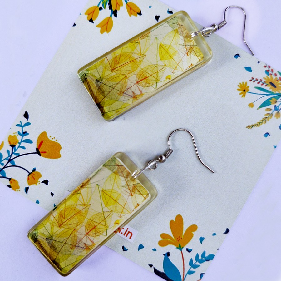 Leaf Outline in Multicolor Designed Handmade Resin Finished Rectangle Earrings for Casual outings | Work or office wear | Special Occasions | Anniversaries and Birthday party and more Occasions (4.5cmX2cm)