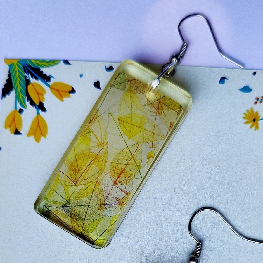 Leaf Outline in Multicolor Designed Handmade Resin Finished Rectangle Earrings for Casual outings | Work or office wear | Special Occasions | Anniversaries and Birthday party and more Occasions (4.5cmX2cm)