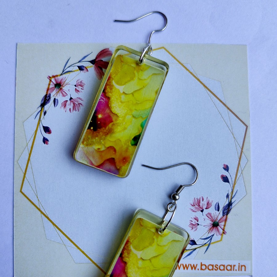 Graphic Design with Red, Lemon Yellow, Blue and Golden color in Multicolor Designed Handmade Resin Finished Rectangle Earrings for Casual outings | Work or office wear | Special Occasions | Anniversaries and Birthday party and more Occasions (4.5cmX2cm)