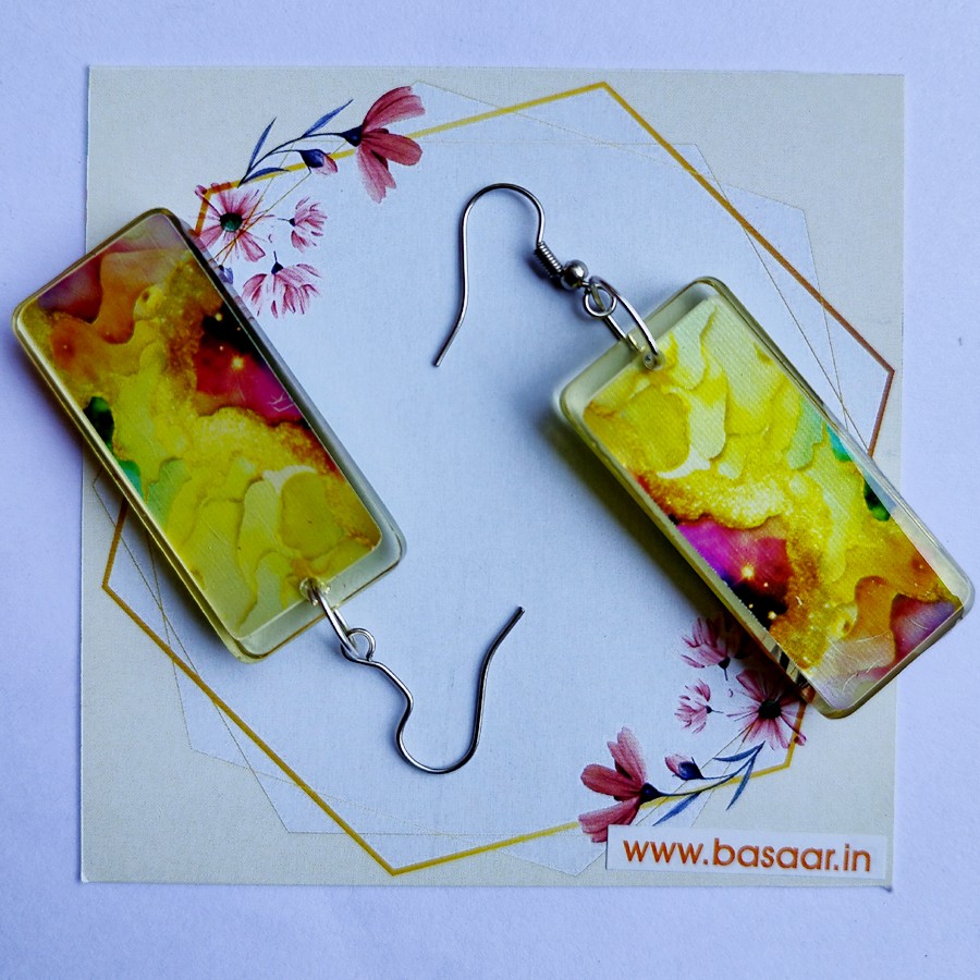 Graphic Design with Red, Lemon Yellow, Blue and Golden color in Multicolor Designed Handmade Resin Finished Rectangle Earrings for Casual outings | Work or office wear | Special Occasions | Anniversaries and Birthday party and more Occasions (4.5cmX2cm)